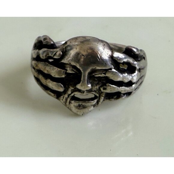 Vintage 90's Mens Sterling Silver Biker Ring Skull with hands Over Eyes Size 13 - Picture 10 of 16